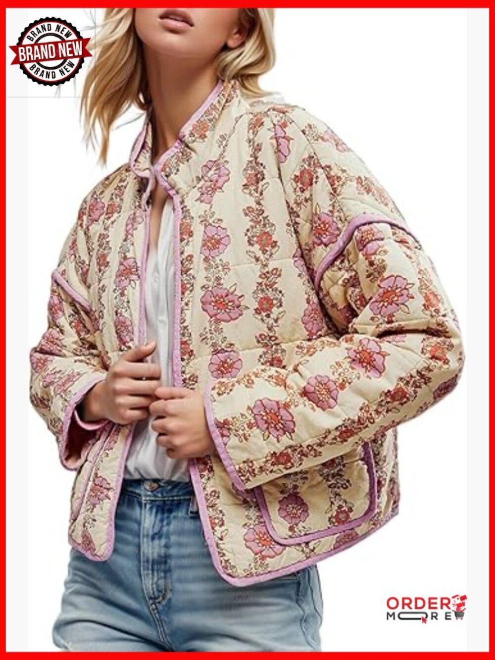 Cropped Quilted Jacket Floral Print Lightweight Open Front Puffer